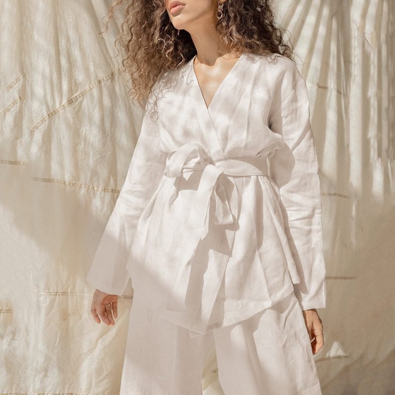 Cotton Linen Women Pajama Robe Sets Lace Up Long Sleeve 2 - Image 6