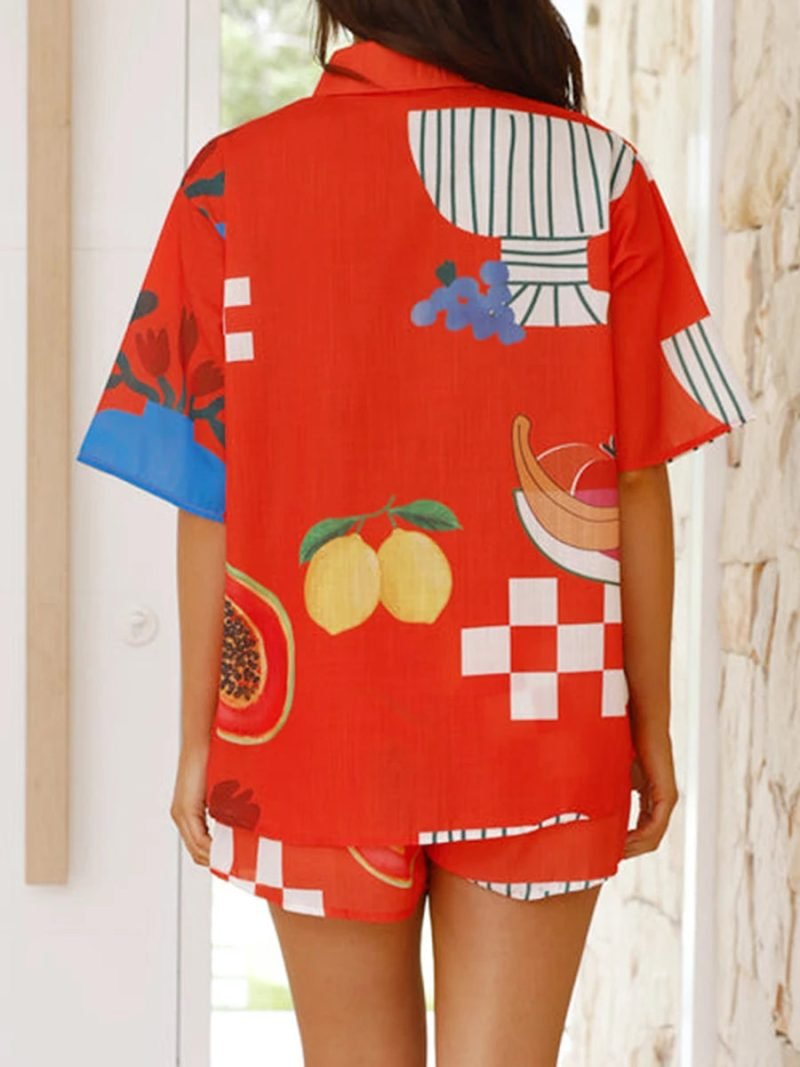 Women Summer Pajamas Set Loungewear Fruit Print Short Sleeves Buttons T-Shirt and Elastic Shorts 2 Pieces Outfits Sleepwear Pjs - Image 2