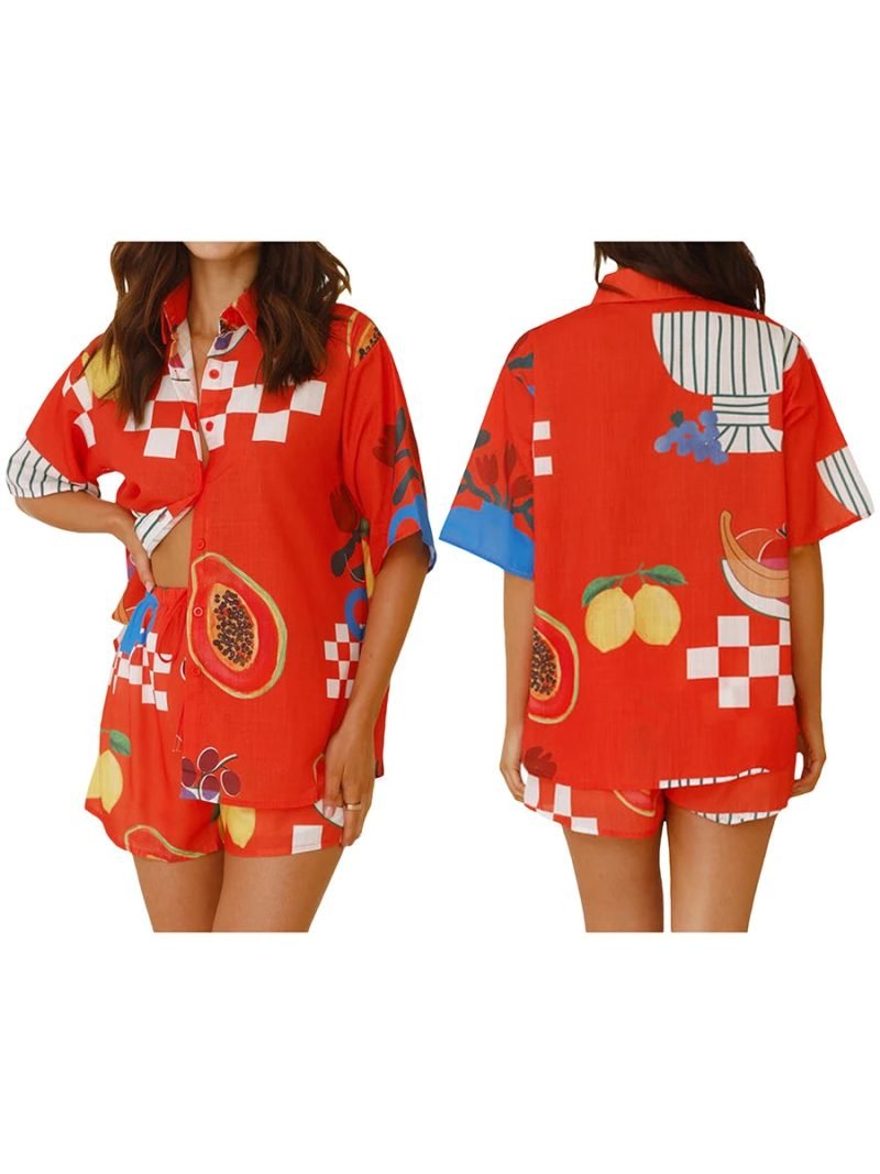 Women Summer Pajamas Set Loungewear Fruit Print Short Sleeves Buttons T-Shirt and Elastic Shorts 2 Pieces Outfits Sleepwear Pjs - Image 7