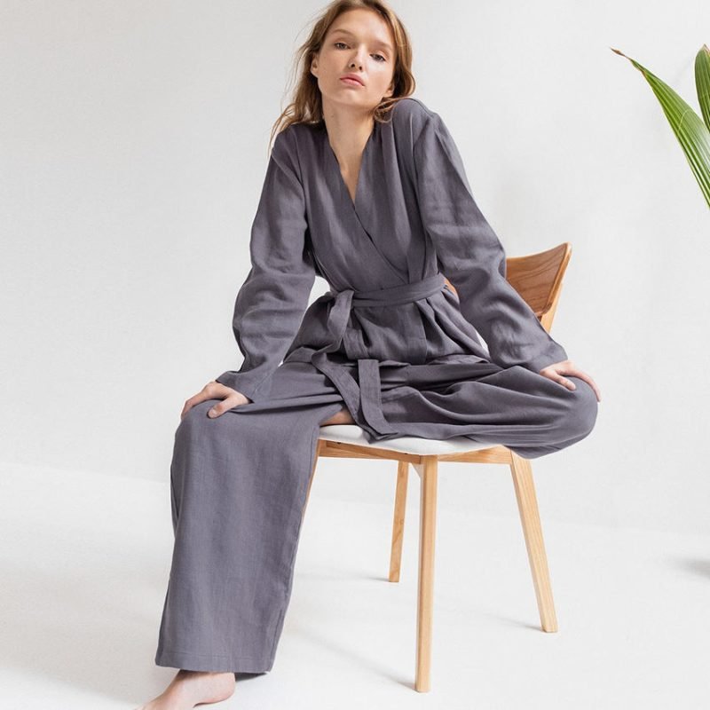 Cotton Linen Women Pajama Robe Sets Lace Up Long Sleeve 2 - Image 4
