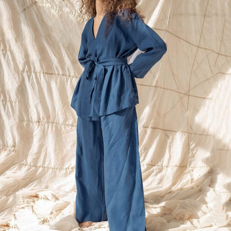 Cotton Linen Women Pajama Robe Sets Lace Up Long Sleeve 2 - Image 9