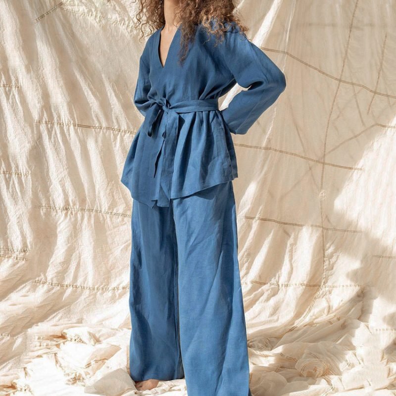 Cotton Linen Women Pajama Robe Sets Lace Up Long Sleeve 2 - Image 5